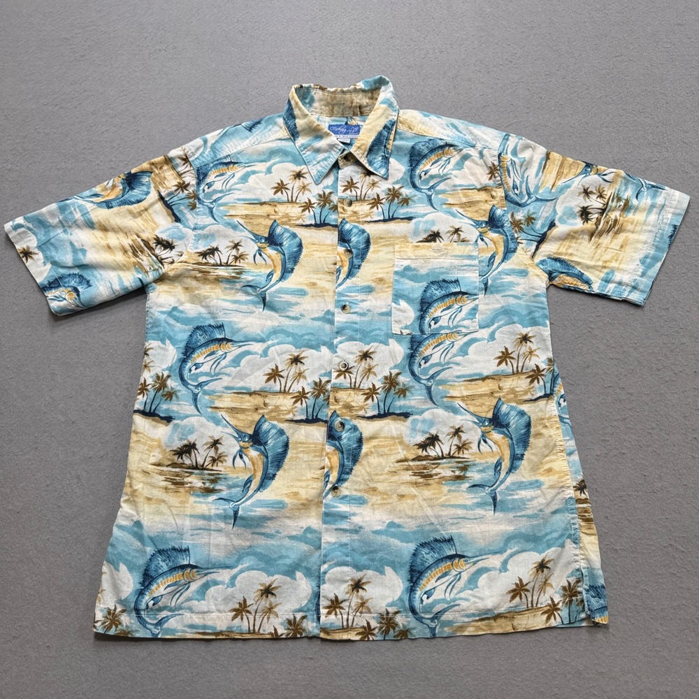 Vintage Fishing Life Hawaiian Shirt Men's‎ Large Blue Marlin Tropical Palm Tree